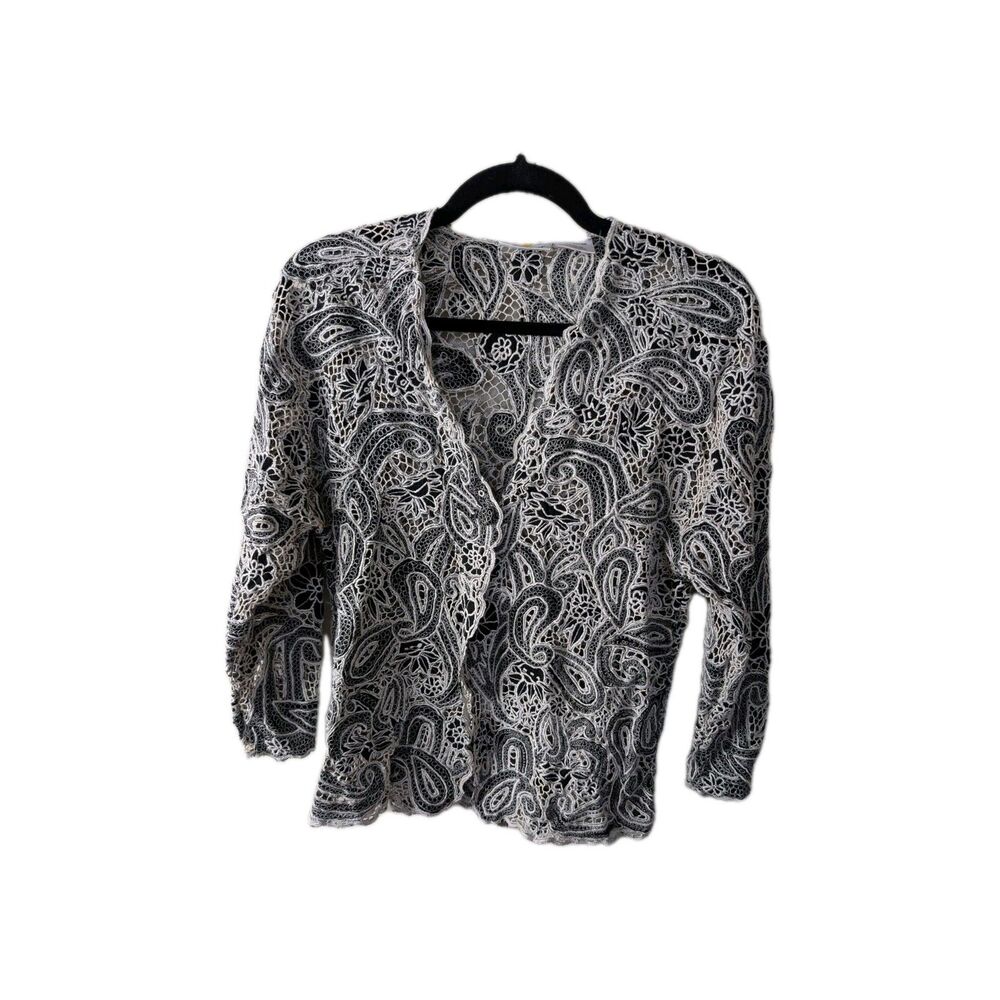 Smithsonian Black and White Lace Open Front Top L Vintage Romantic Coquette